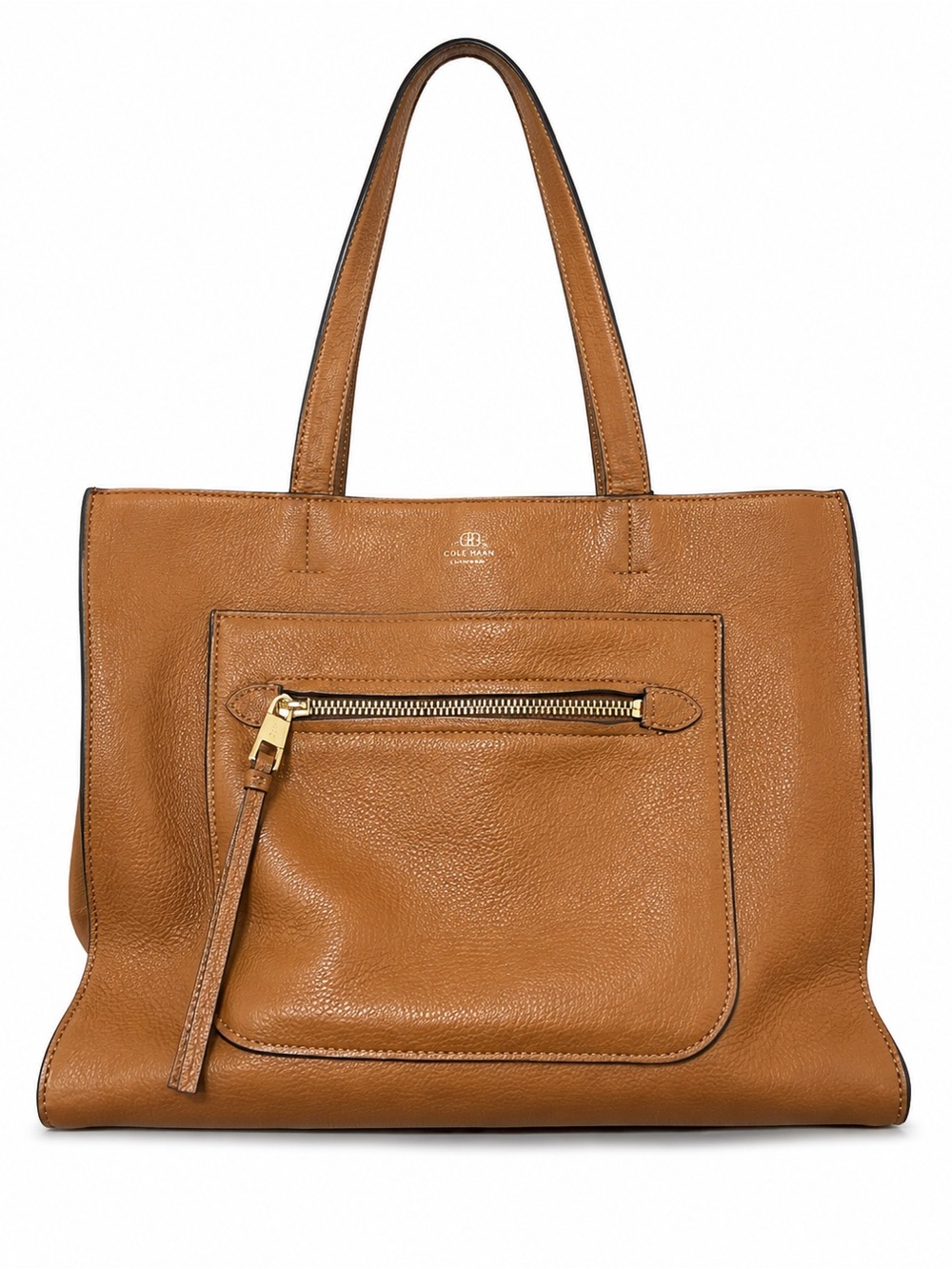 Vince Camuto Cognac Pebbled Leather Large Tote Bag Front Zip